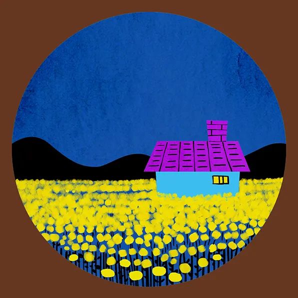 步骤3：接下来，我们用柠檬黄色水粉颜料点绘出油菜花田，远处的花连成片，近处画两三排独立的“花朵”，并结合点绘笔触的近大远小制造空间感。画面已经初具效果，但夜空略显单调。