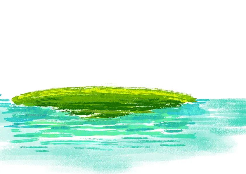 步骤1：首先我们画出青蓝色的水面，并画出水面上的一块绿洲。水面用湿画法，绿洲用干画法。