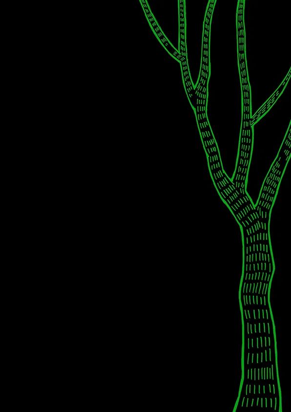 步骤1：首先我们在画面右侧刮出柳树的主要枝干，并在主干内做短线装饰。