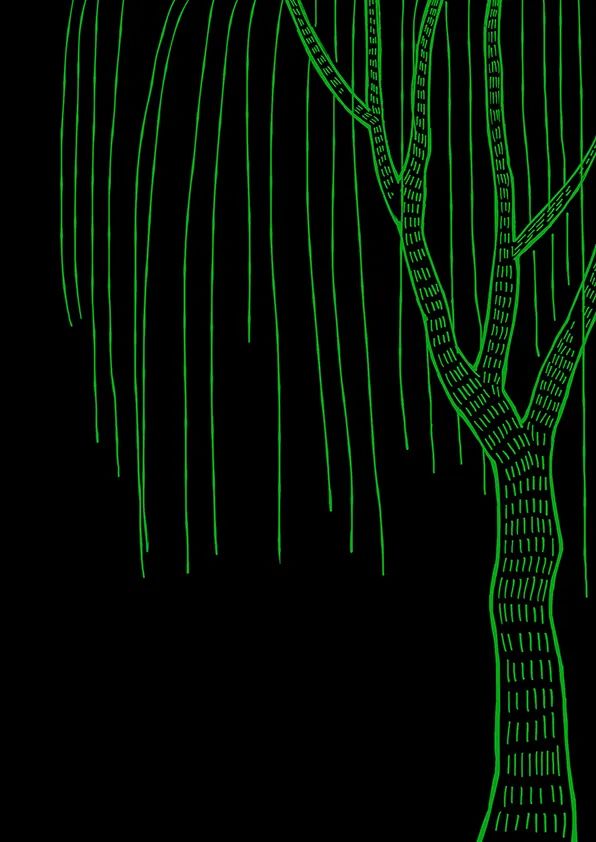 步骤2：第二步我们围绕柳树的主干刮出垂下的柳条，注意长短、疏密、前后遮挡等关系的处理。这个步骤我们可以看出垂柳是画面里绝对的主角，它占据里画面的大半壁江山。