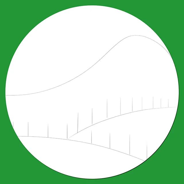 步骤1：首先我们在圆形素描纸上用铅笔画出最简练的线条，分割出山和大地，以及树苗的分布。