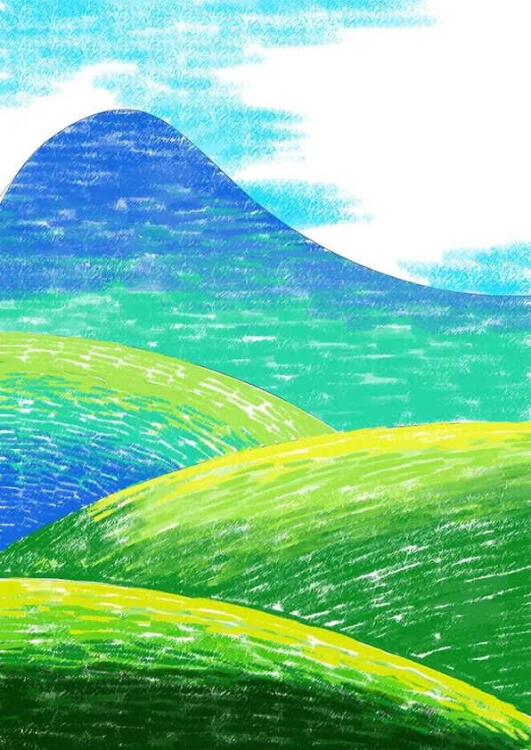 步骤3：继续用油画棒画出山和天空，天空可以适当留白。