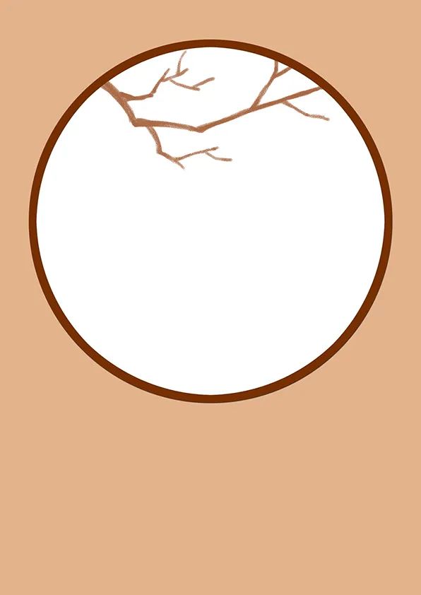 步骤1：首先我们在圆形素描纸上绘制圆形窗户的边框和窗外的桃枝。完成后，将其粘贴到一张牛皮纸上。