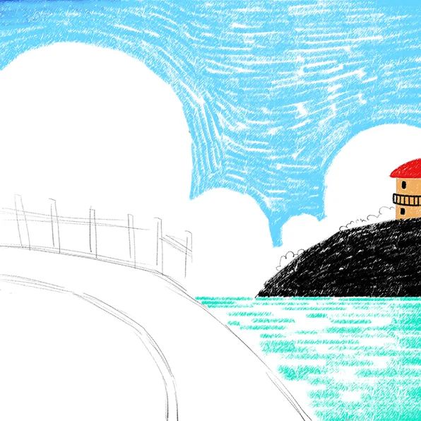 步骤3：我们继续绘制黑色的小岛和岛上的建筑，同时用青色油画棒配合横向笔触画出水面，适当留白，以体现水面的质感。