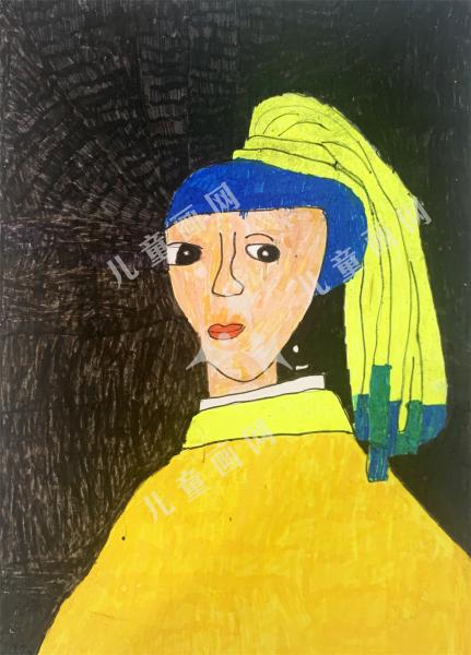 戴珍珠耳环的少女儿童画