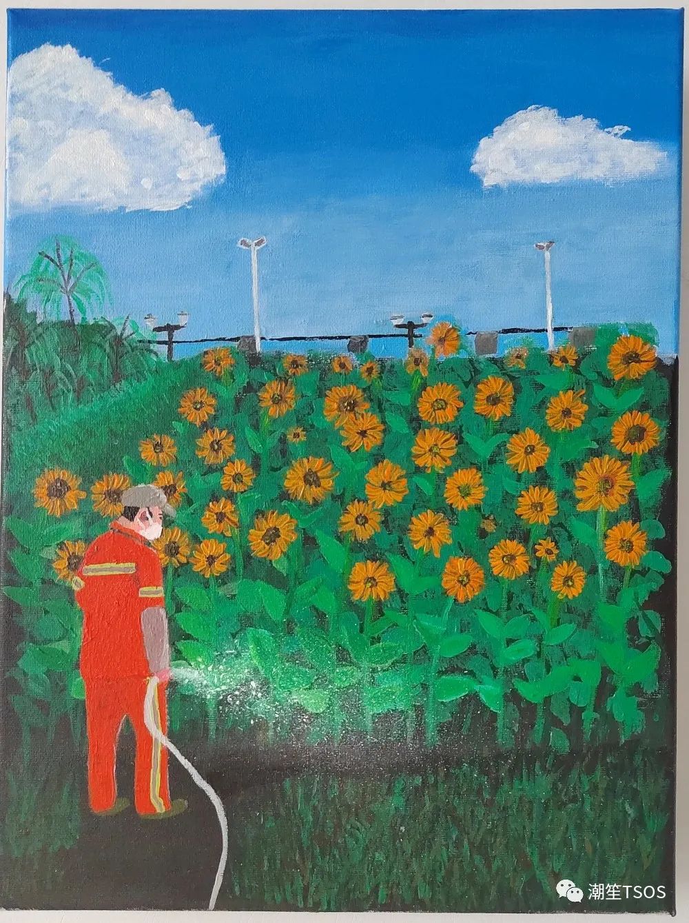 步骤6：《橙市人》作品简介：借助环卫工人的辛勤耕耘间接体现“雷锋精神”。城市中最美的“橙光”——环卫工人，他们是挥洒汗水为城市带来洁净街道的城市美容师，那么渺小又伟大，而向日葵的花语是“坚定”“活力”，正好与环卫工人全心全意为人民服务的精神相呼应，寓意着“雷锋精神”。