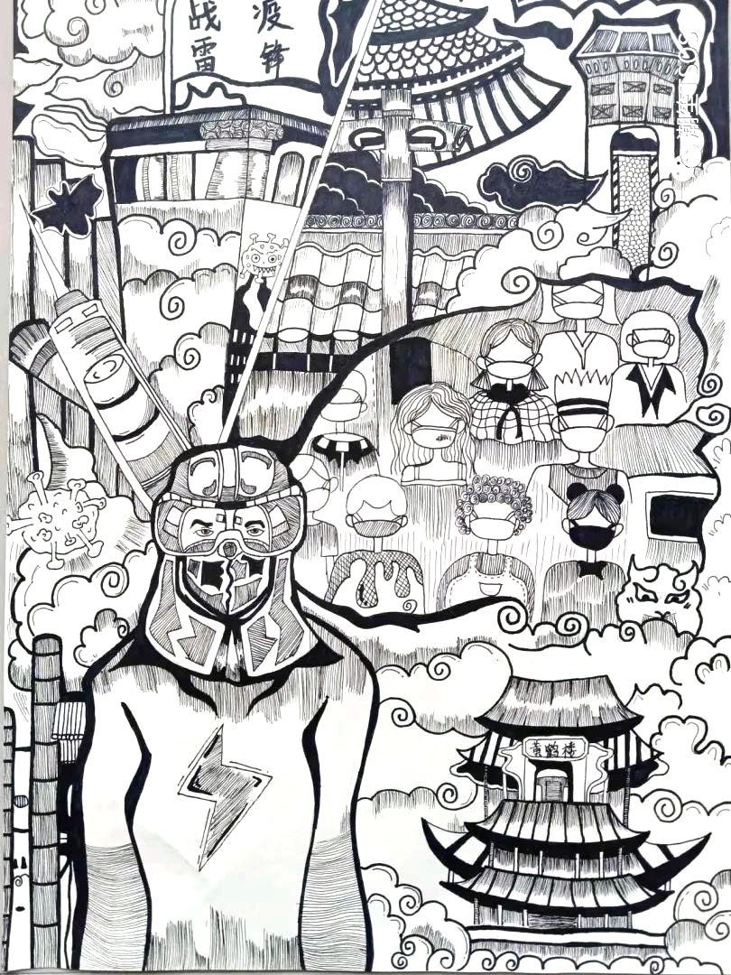 步骤7：《战疫雷锋》作品简介：本幅作品是通过黑白线条勾勒出当今疫情严峻的情况下，冲在疫情一线的医护人员仍然坚守在他们的岗位上，无数的人民争做志愿者一起对抗疫情，雷锋的名字响彻中华大地，名扬五洲四海。“学雷锋，心向党，讲品德，树新风”，已成为中华儿女的自觉行动。我们作为新一代新青年也应该以雷锋为榜样，争做战疫雷锋！