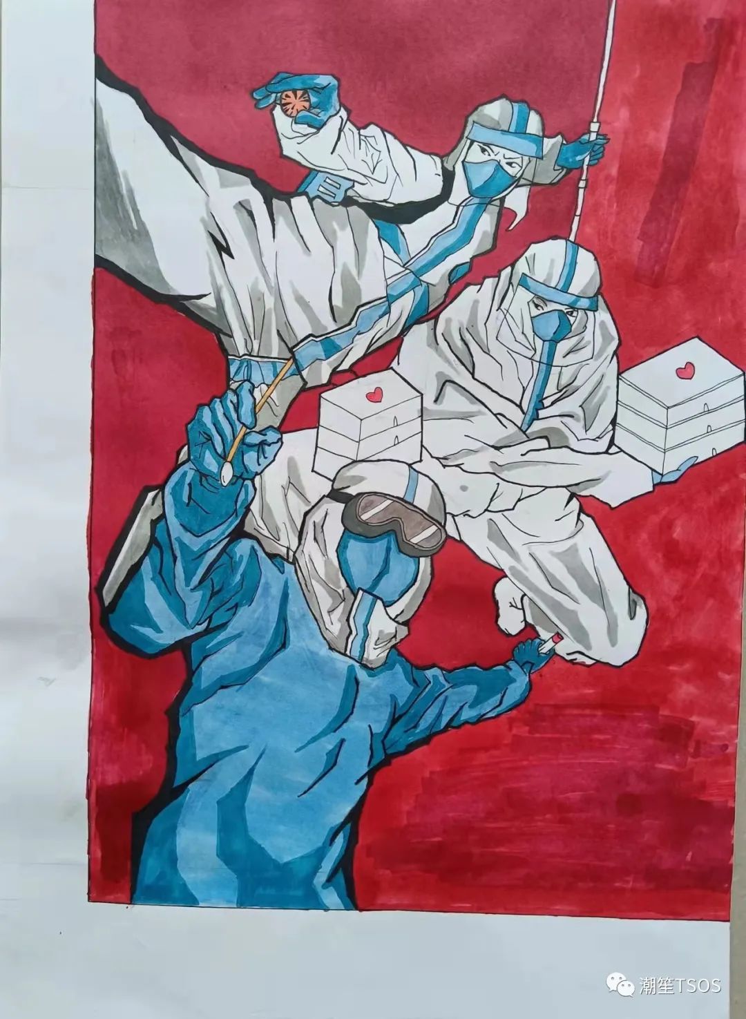 步骤3：《抗疫雷锋》作品简介：该画描述了奔赴抗疫前线的医务人员，我们不难发现，雷锋精神的最可贵之处，就在于深深植根于广大人民群众的灵魂深处，融化在每一滴平凡的血液里。危难关头，就会有无数来自四面八方、各行各业的平凡人义无反顾、挺身而出，用最质朴却又最坚决的行动，冲锋在前、向险而行，展现着无我的大爱情怀和忘我的精神力量，雷锋精神也得到了最为精彩的诠释，展现出时代风采，彰显出中国力量。