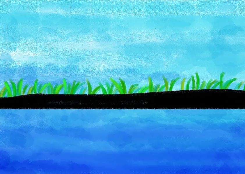 步骤2：等背景颜色充分干燥后，画出黑色的地面和绿草，横贯整个画面。注意高度要适当。