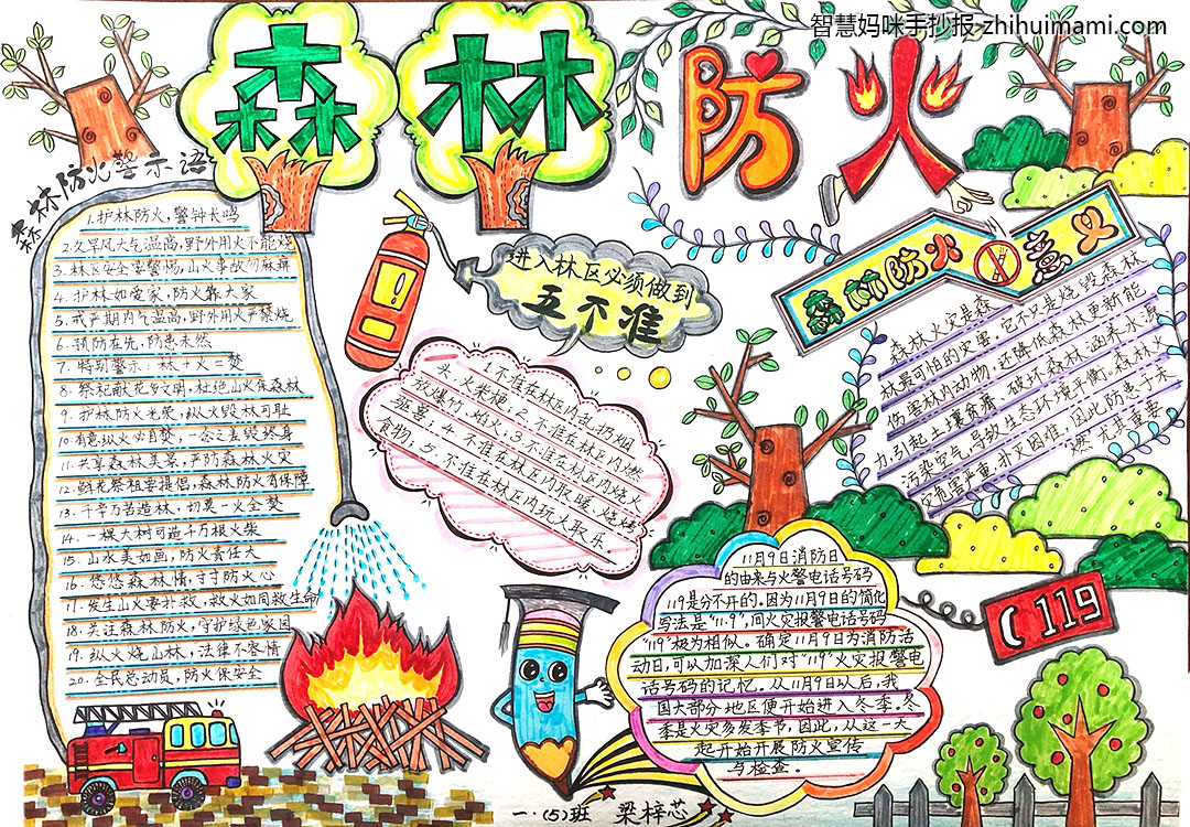 步骤4：《森林防火》作品简介:森林之春，如有火皆吞；森林之美，需共建其垒。森林中有各类“宝藏”，了解进入林区后的禁忌和森林禁火的意义，有助于帮助我们一起守护森林中的“奇珍”，还植物、动物一个温暖舒适的居住环境。让我们共同学习防火知识，强化安全防范意识，为家园撑起一把绿伞