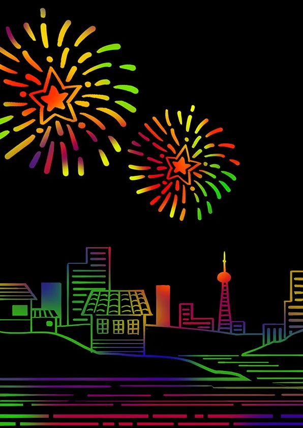步骤3：在空旷的黑色夜空中刮出烟花效果，（烟花的图案可自己设计）。