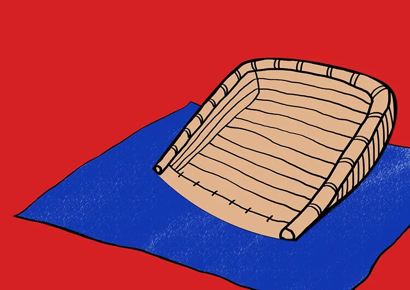 步骤2：然后我们在牛皮纸上画出簸箕，并将其剪下粘贴到蓝布上。