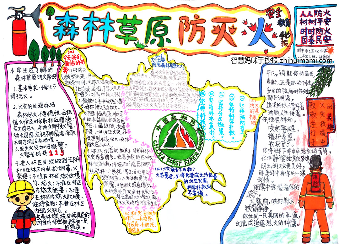 步骤5：《森林草原防灭火》作品简介:1、介绍小学生应该了解森林草原防火常识。2、为什么要防范森林草原大火？3、防火的基本原则。4、向灭火英雄致敬。
