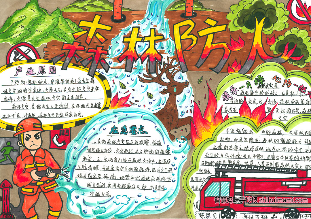 步骤7：《情系一片绿，心防一把火》作品简介:森林防火意义重大，所以我们要认识森林防火的产生原因，做好应急情况的处理，情系一片绿，心防一把火，画面中间设计一道河水，和左下角消防员手里的水枪的水相连，水从中间流过，浇灭旁边的火，意在做好森林消防工作。