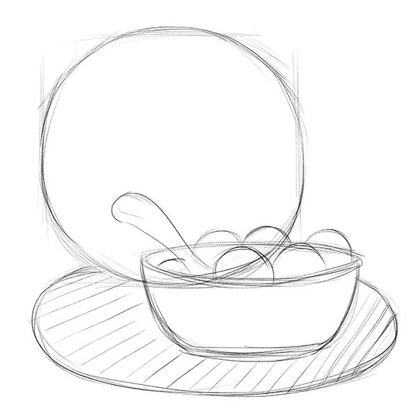 步骤1：首先我们采用正方形构图，用铅笔勾画圆月、一碗汤圆等主要元素的草图