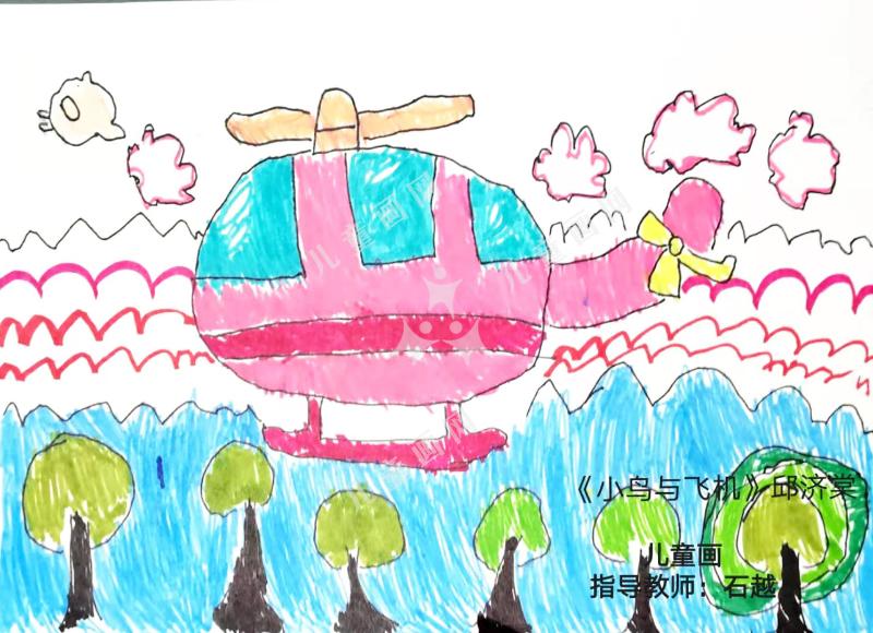 小鸟与飞机创意画儿童版