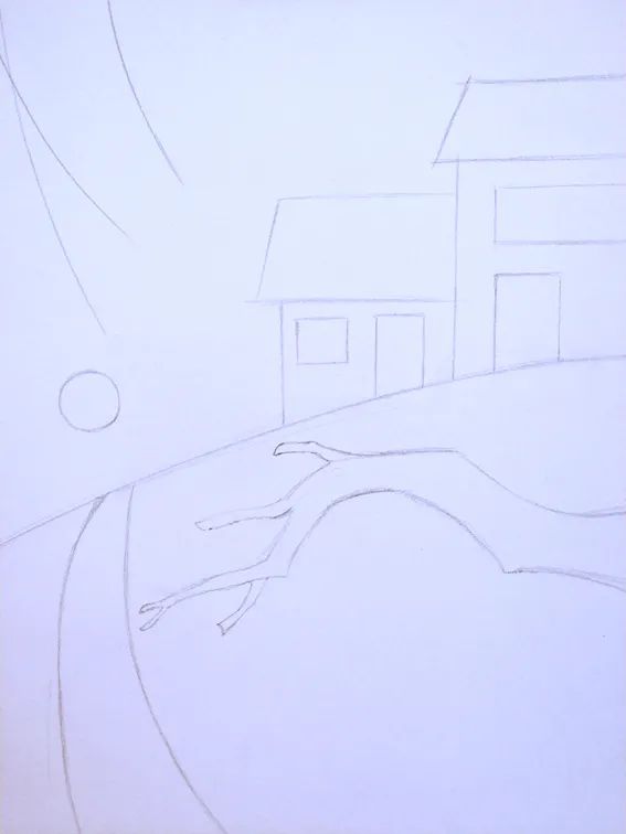 步骤1：首先我们采用竖向构图，用铅笔勾勒出画面大概的构图，安排各个主要元素的位置和大小，这个步骤可以反复修改调整到满意为止。