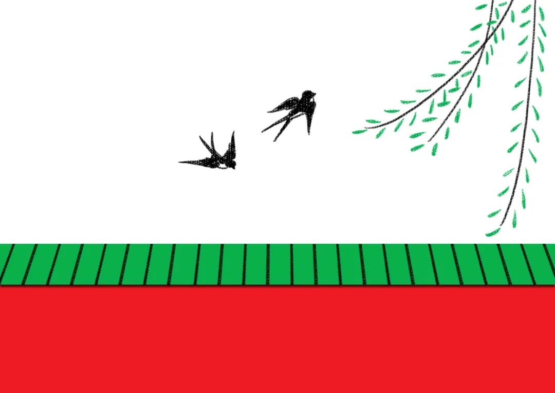 步骤2：在绿色卡纸上画出对称的黑线，表示绿色的墙瓦。绿瓦红墙完成后，我们在墙头上方画出飘动的柳条和飞舞的燕子。墙头的静和柳条、燕子的动，形成一种对比关系。