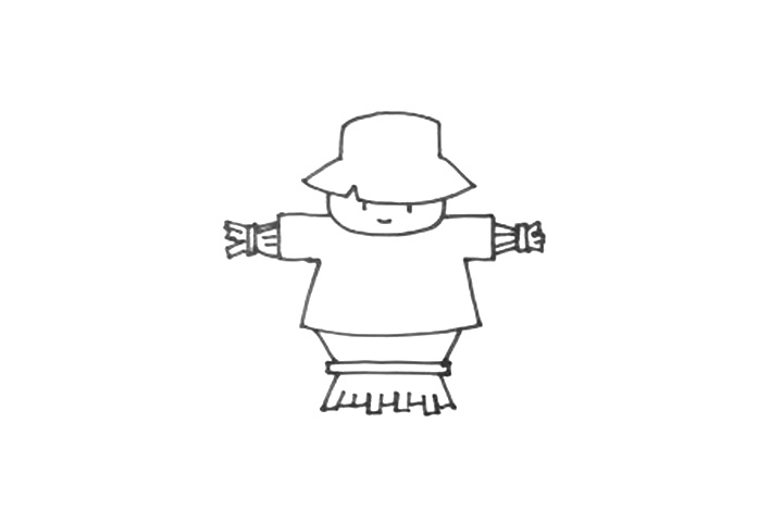 步骤3：画好衣服之后，我们画出稻草人的身体和手，稻草的长度各参差不齐