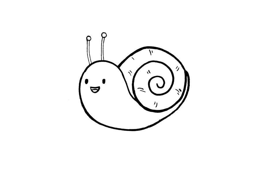 步骤3：给小蜗牛画出触角、眼睛、嘴儿和壳上的纹路。