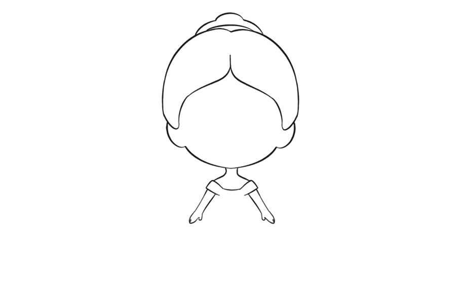 步骤3：画出脖子和手臂，同时画出裙子的带子。