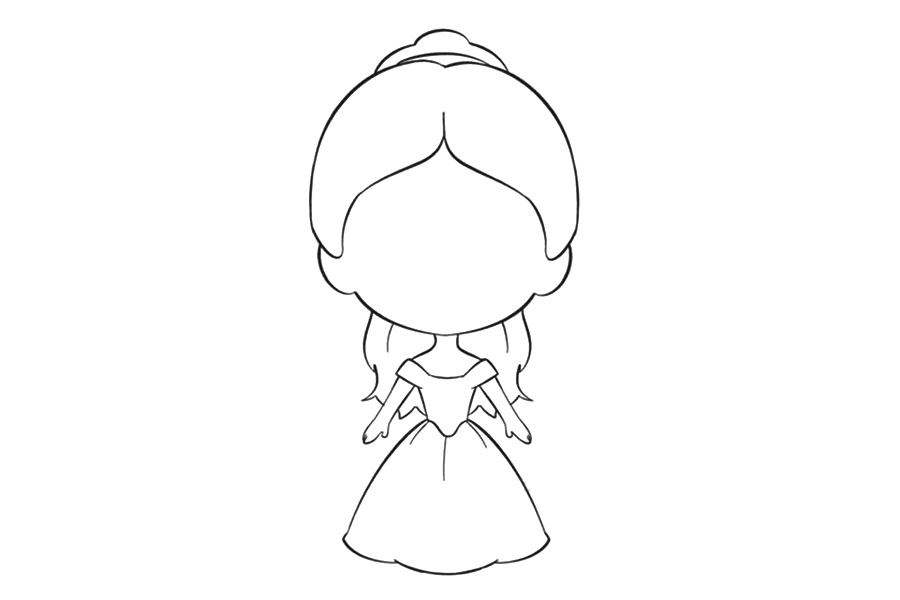 步骤6：在身后画出贝儿公主长长的头发。