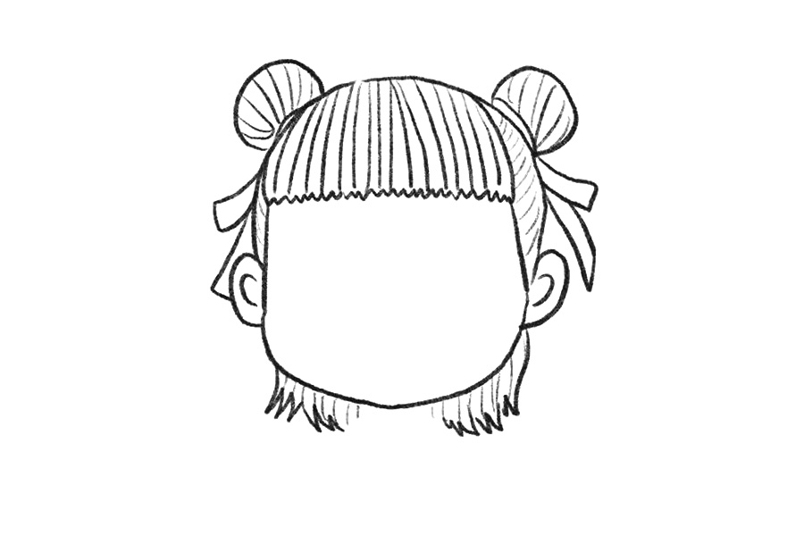 步骤4：画出小哪吒的耳朵和头发的丝带。