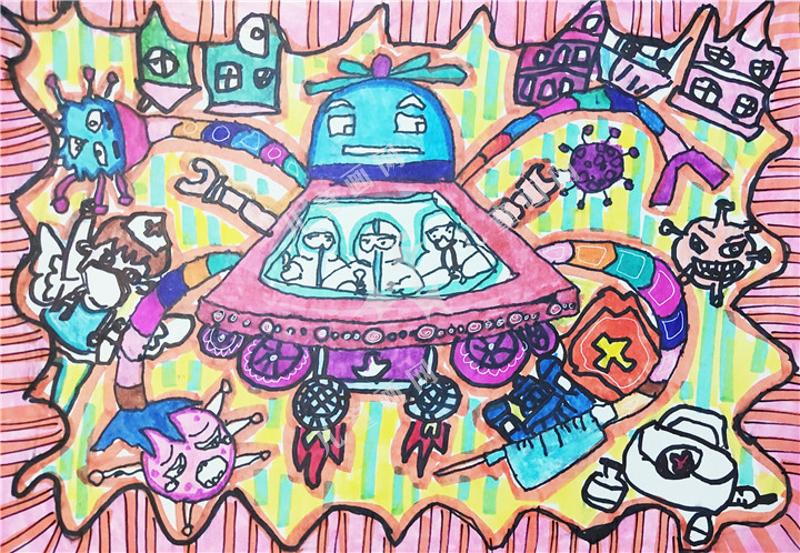 抗疫飞船儿童画漂亮