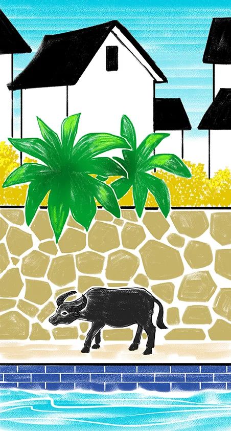 水边的牛儿童绘画