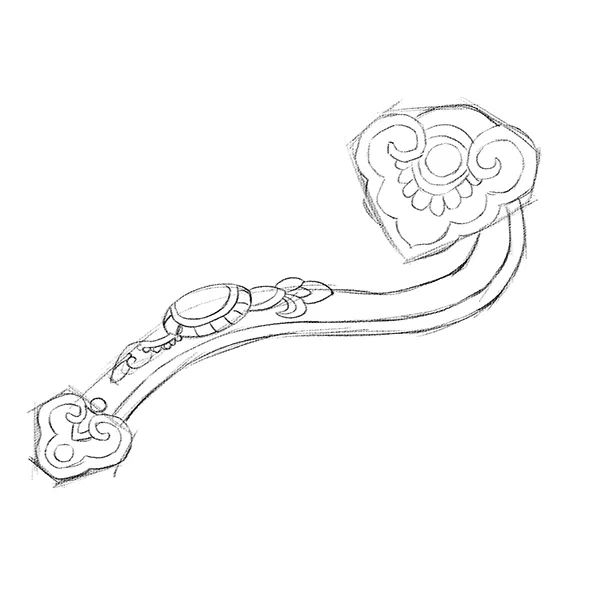 步骤2：然后用铅笔深入刻画如意的细节花纹，完成精细草图。