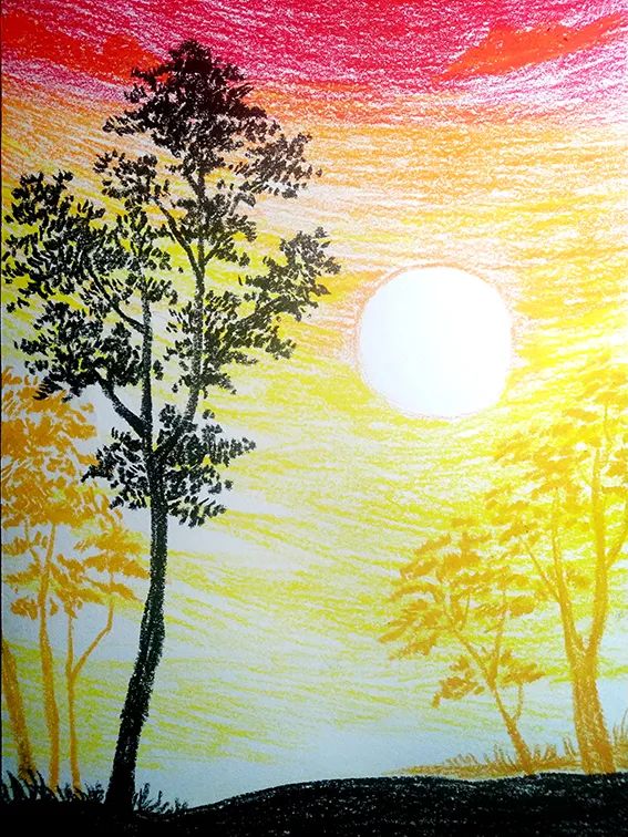 步骤3：继续刻画近处的黑色的树，画出叶子效果。黑色的树和土黄色的树通过色彩和大小的对比，可以使画面获得一定的空间感。画面的整体氛围基本完成。