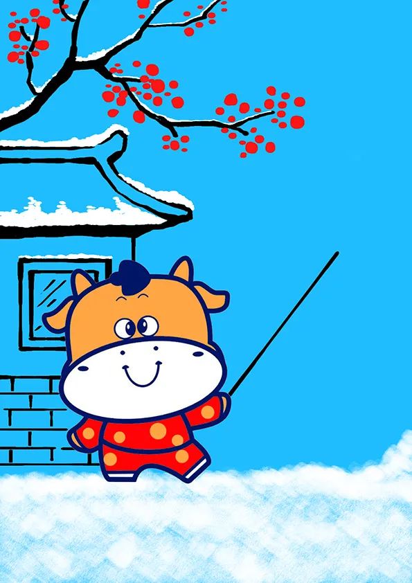 步骤3：用黑色画笔勾勒出房屋和梅花枝干，用修正液点缀它们上面的积雪。用红色颜料点梅花。