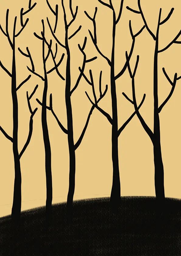 步骤2：接着，我们用黑色勾线笔在“土地”上画出一排黑色的“树”。