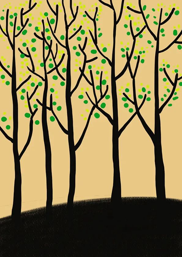 步骤3：这个步骤我们给黑色的树添加绿色的嫩叶，为画面注入生机。