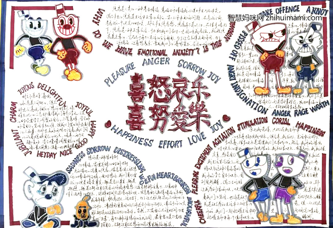 步骤2：作品寓意：“喜怒哀乐”，人情之常，当某种情绪过量，人就会面对焦虑，但焦虑是正常的，如何面对它们，如何在逆境中将其转变为“喜努爱乐”，保持乐观；化悲愤为努力；悲伤后学会更爱自己与身边人；学会寻找身边的乐趣，相信画与文字会给予你些许灵感。