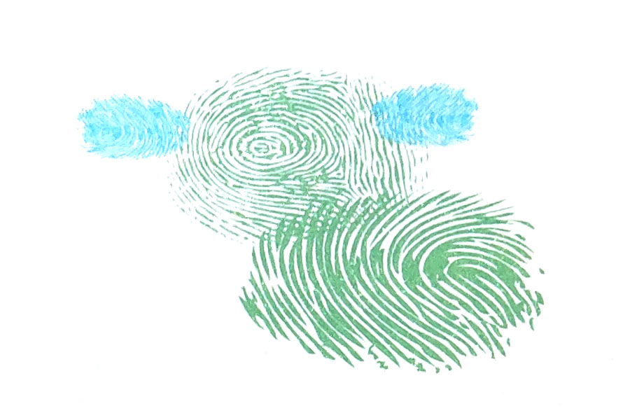 步骤4：再用食指蘸取颜料，印在第一个指印下面。