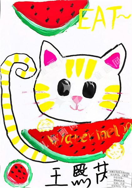 猫咪吃西瓜儿童手绘作品