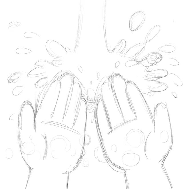 步骤1：首先我们采用正方形构图，用铅笔在画纸上勾勒出一双小手以及水花的轮廓。