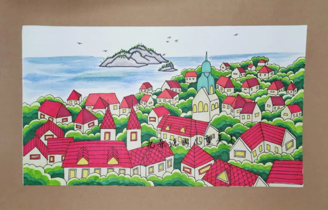 步骤4：深浅不同的绿色画出树丛的渐变，灰色画出小岛的石头，用绿色点彩的方法点出岛上的植物。水粉笔蘸水化开水性油画棒画出远处的海面，细勾线笔画出飞翔在海面的海鸥。