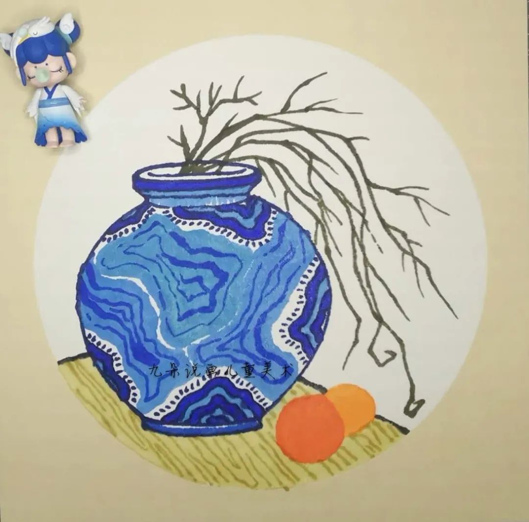 步骤4：画出桌面和水果的颜色，注意水果前后用不同的颜色分出前后关系。桌面画出花纹。