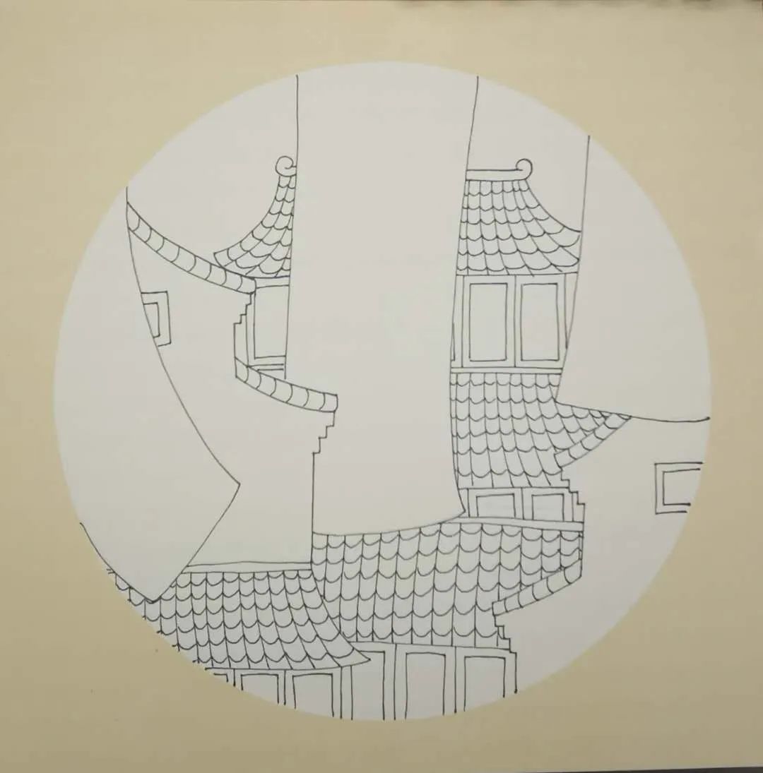 步骤3：进一步刻画房屋，用针管笔画出瓦片等细节。