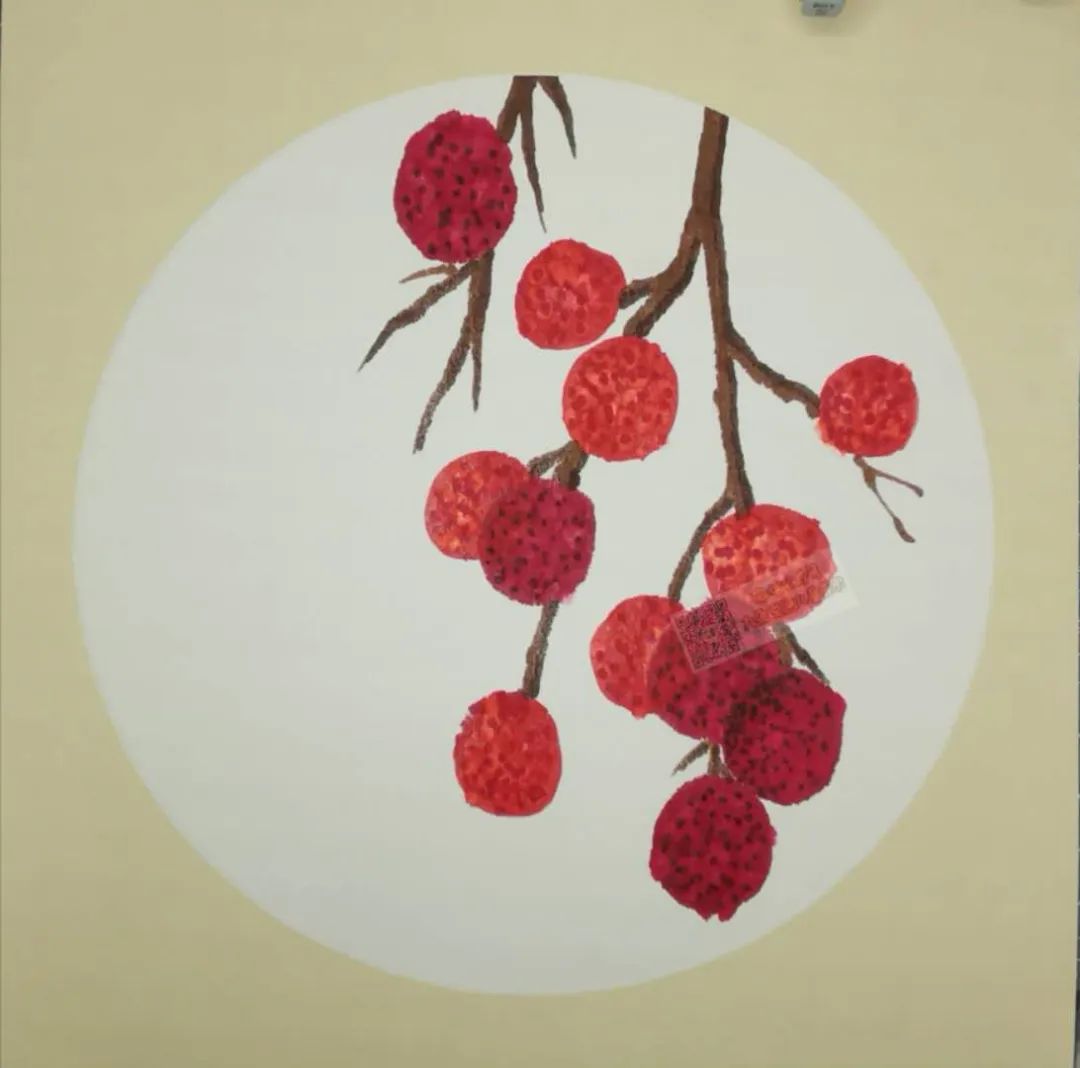 步骤3：浅棕色画出树枝，注意遮挡关系。深棕色在树枝右侧画一下，表现出荔枝的立体感。