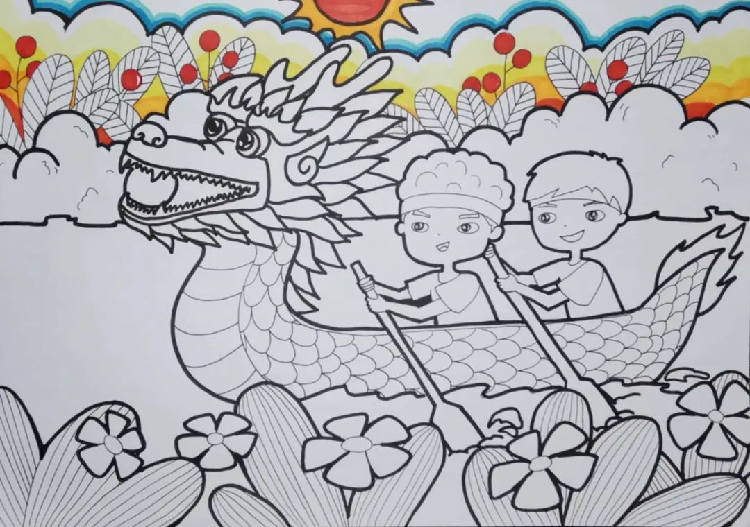 步骤2：先用深浅不同的黄色桔黄和桔红色画出背景树丛及太阳，蓝色勾出天空。