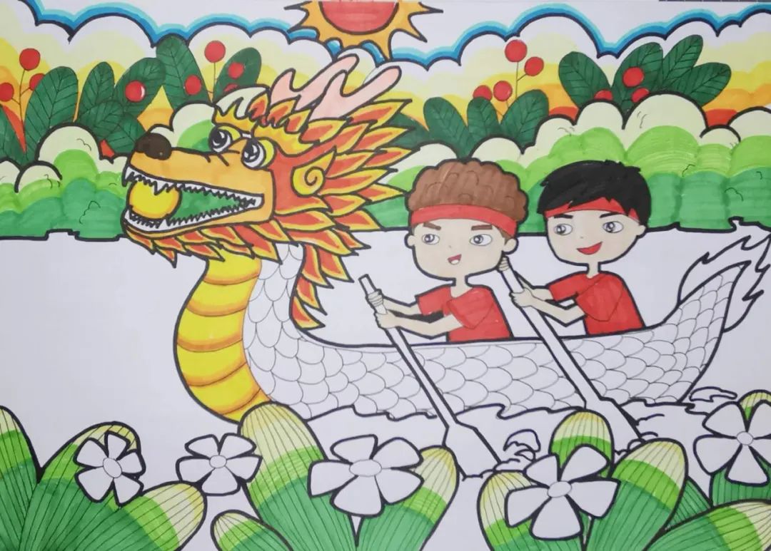 步骤5：桔色画出龙舟的龙头以及龙舟的尾部。棕色和黑色分别画出人物的头发，肉色画出皮肤。