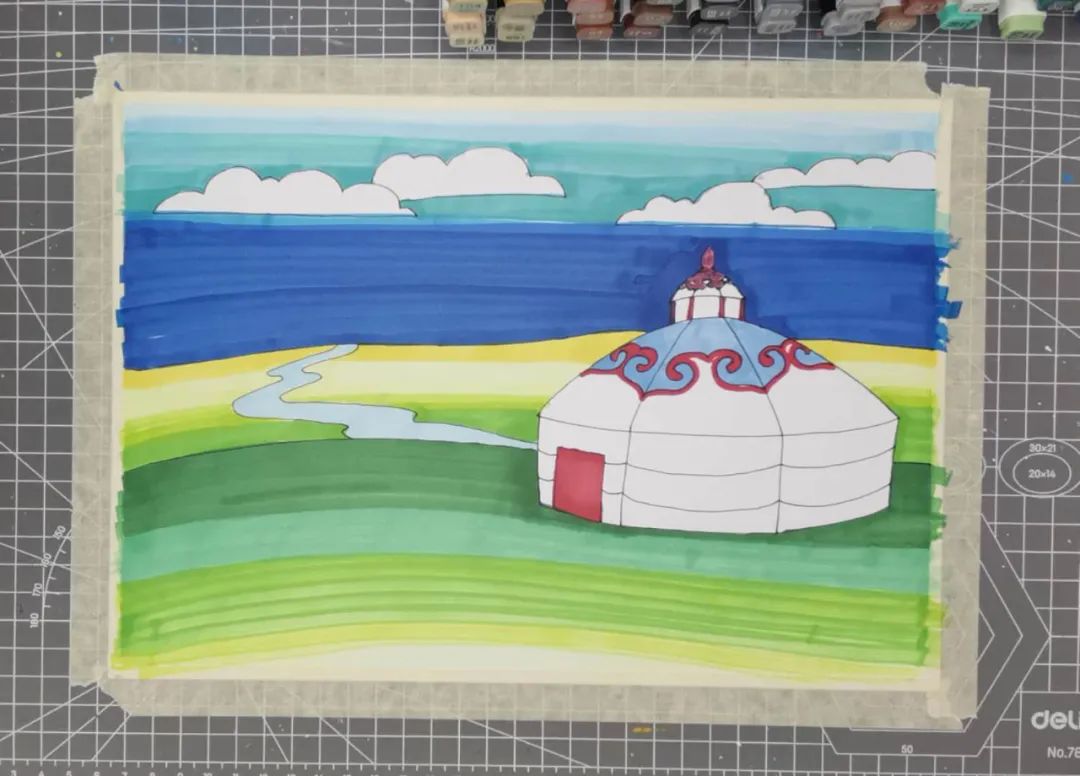 步骤3：深浅不同的蓝色画出天空渐变色。