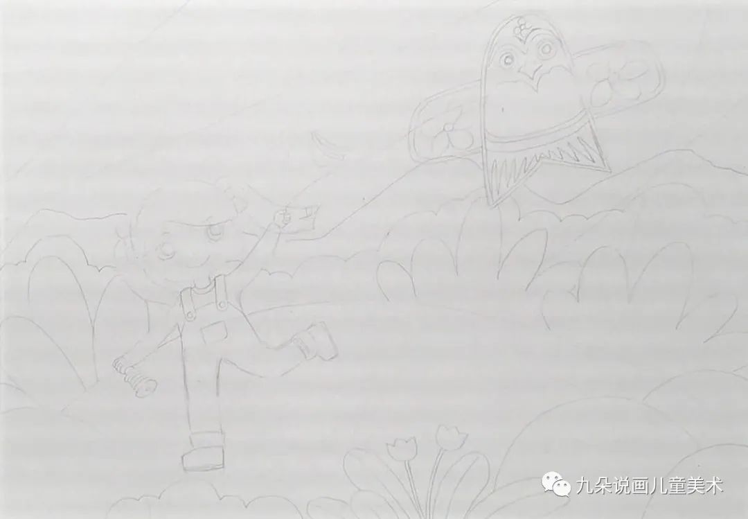 步骤1：铅笔起稿，将风筝、人物和背景画出，注意用笔要轻，这样后面擦的时候不会留下痕迹，画的时候注意人物动态。
