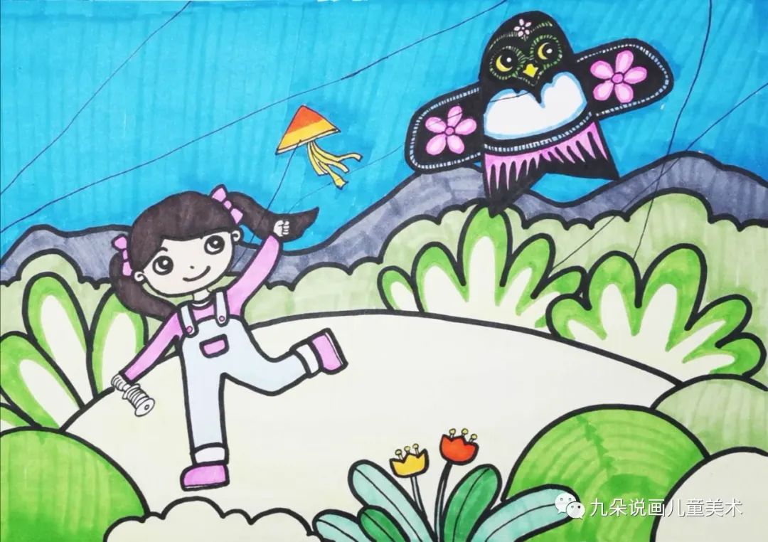 步骤3：将画面画上第一层颜色，颜色可以自由搭配，画喜欢的颜色。注意风筝颜色和天空要有区分哦