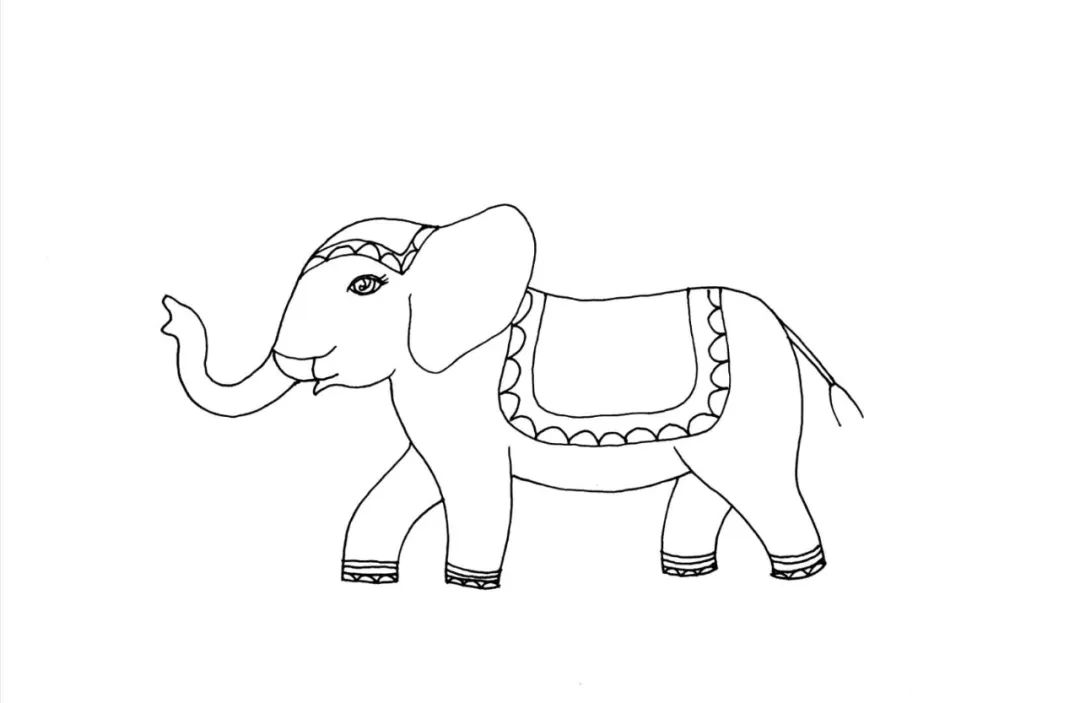 步骤1：白纸上先用铅笔起稿，再用黑色针管笔勾画出大象轮廓。