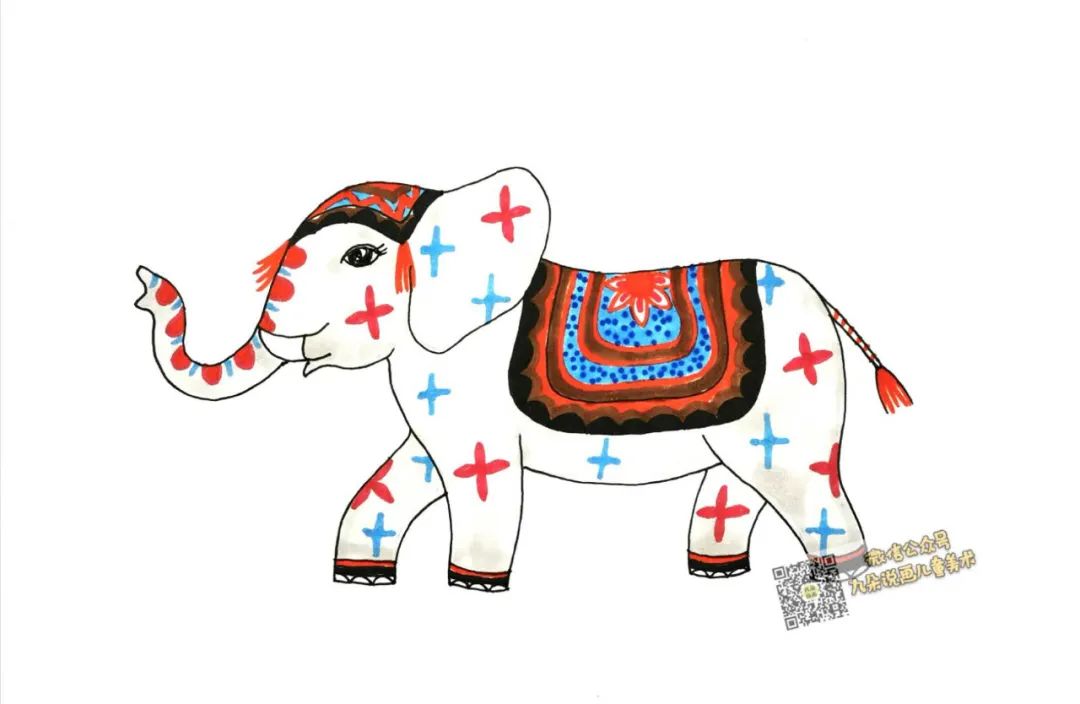 步骤2：浅灰色涂大象身体，并选择其他颜色的彩笔为大象和毯子进行花纹的装饰