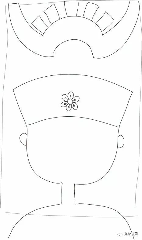 步骤4：距离娃娃的头部留出一定的距离，画出牛角状的银饰品轮廓和娃娃的肩膀。